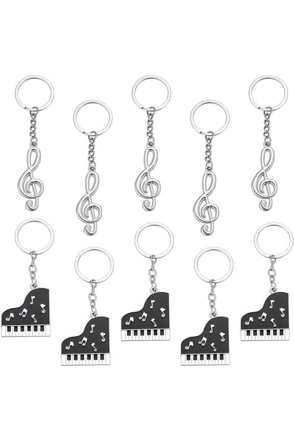 10Pcs 2 Styles Zinc Alloy Enamel Keychains with Rhinestone Piano Musical Note Mixed Shapes 100~112mm 2pcs/style