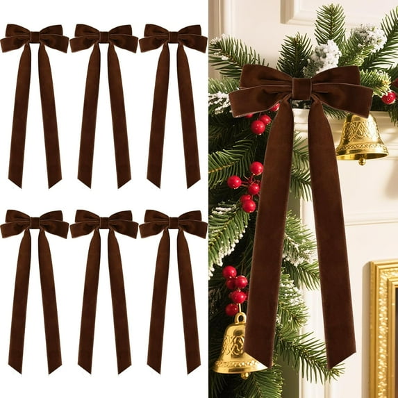 10Pcs 20"x8" Velvet Christmas Tree Bows, Vintage Ribbon Tree Topper Bows, Ornaments for Staircase Garland Wreath Holiday Home DIY Crafts Christmas Decorations( Deep Brown )