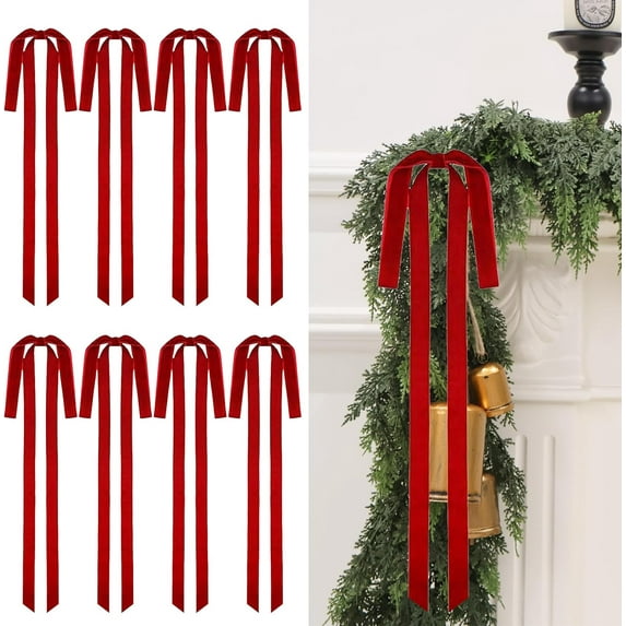10Pcs 20"x8" Velvet Christmas Tree Bows, Vintage Ribbon Tree Topper Bows, Ornaments for Staircase Garland Wreath Holiday Home DIY Crafts Christmas Decorations( Red )