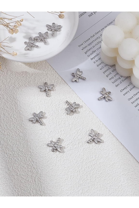 10Pcs 201 Stainless Steel Dragonfly Pendants Stainless Steel Color Dangle Charms Jewelry Making Charms