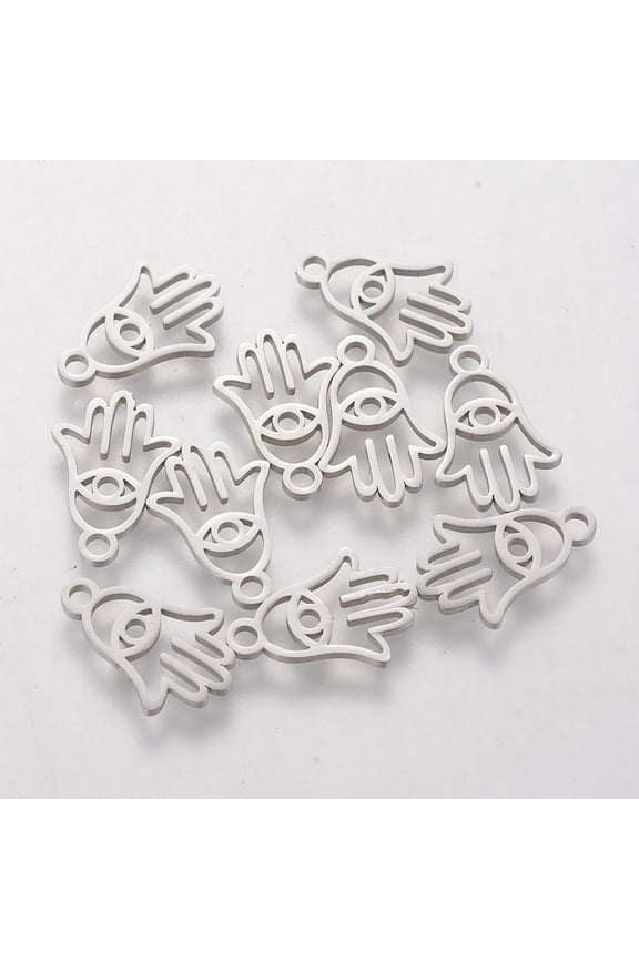 10Pcs 201 Stainless Steel Eye Charms Hamsa Hand/Hand of Miriam with Eye Pendant Stainless Steel Color Pendant Ornament