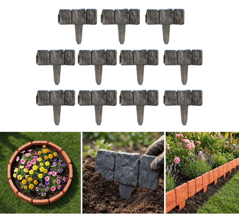10Pcs 2026 New Edging for Landscaping - Garden Edging Border-9 in Tall-Plastic Stone Effect for DIY Landscape, Lawn & Flower Bed (10Pcs_Black)