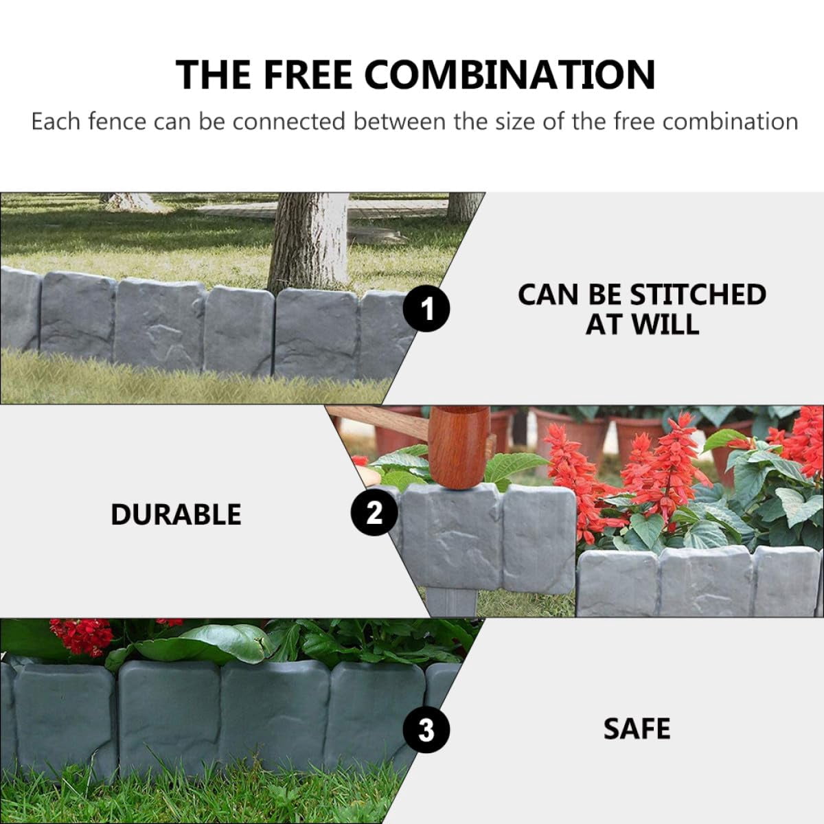 10Pcs 2026 New Landscaping Edging Border, Faux Stone Like Plastic Garden Fence, Flexible Interlocking Stakes Decorative Border for Yard Lawn Flower Bed Plant Landscaping, Gray