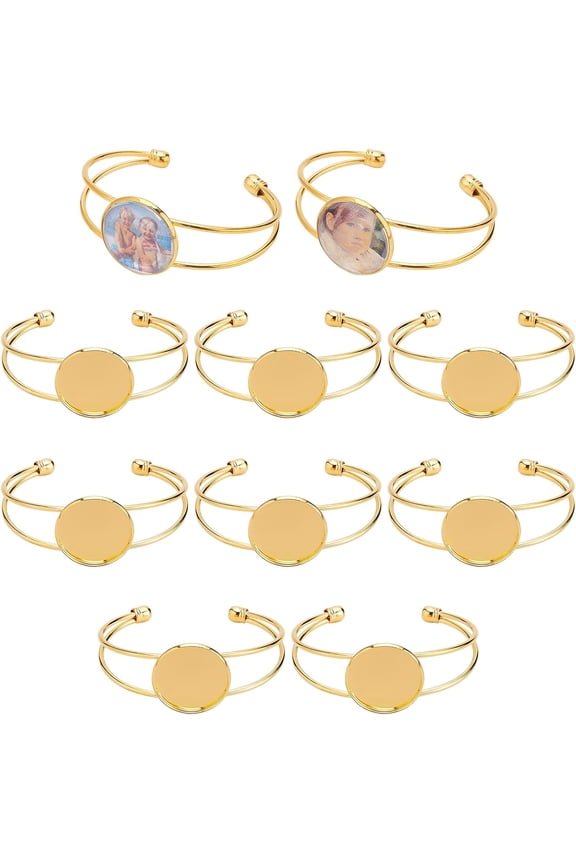10Pcs 25 mm Cabochon Bezel Tray Blank Bangle Adjustable Round Bracelet Blank Cuff Bangle Bracelets for Jewelry Making Bulk Brass Bracelets Blanks Craft Adult Women Valentine's Day Golden