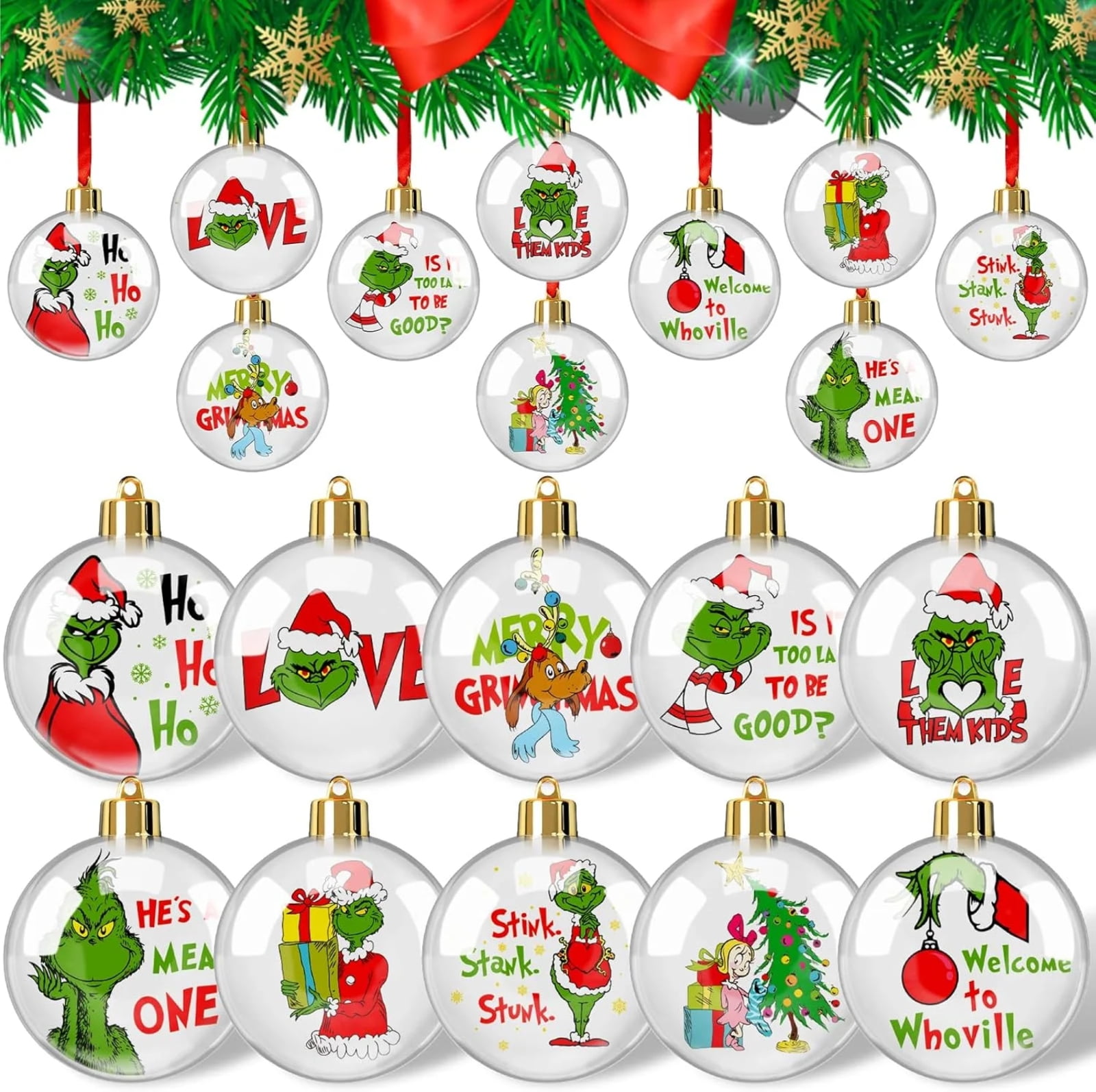 12 X Grinch Christmas Decorations, Funny Acrylic Pendants, Christmas