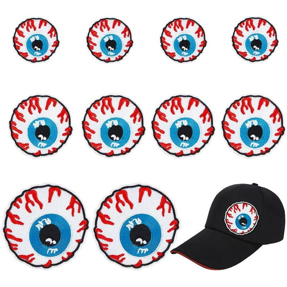 10Pcs 3 Style Eyeballs Iron On Patch Bloodshot Eyeball Sew on Patches Embroidered Cloth Appliques Costume Accessories for Backpacks Jeans Jacket 1box