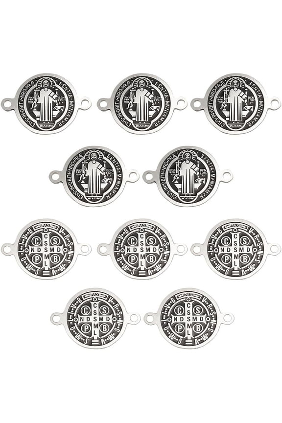 10Pcs 304 Stainless Steel Connector Charms with Enamel Enamelled Sequins Flat Round Links with Saint Benedict Medall Handmade