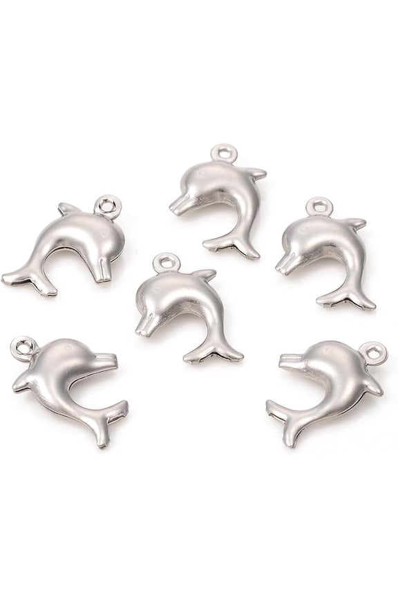 10Pcs 304 Stainless Steel Dolphin Charms Dolphin Pendant Decoration Stainless Steel Color Jewelry Findings for Necklace Bracelet Jewelry Making 14.5x10.5x3.5mm Hole: 1mm