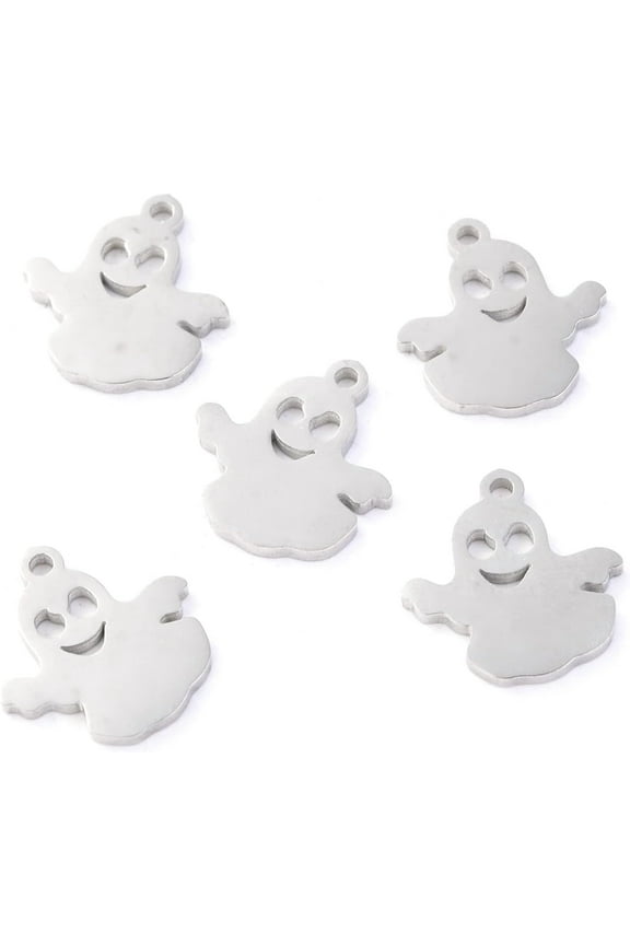 10Pcs 304 Stainless Steel Ghost Charms Pendants 12x11.5x1.1mm Laser Cut Metal Spirit Ghost Charms Halloween Theme Charms with 1mm Hole Stainless Steel Color for Crafting and Accessories