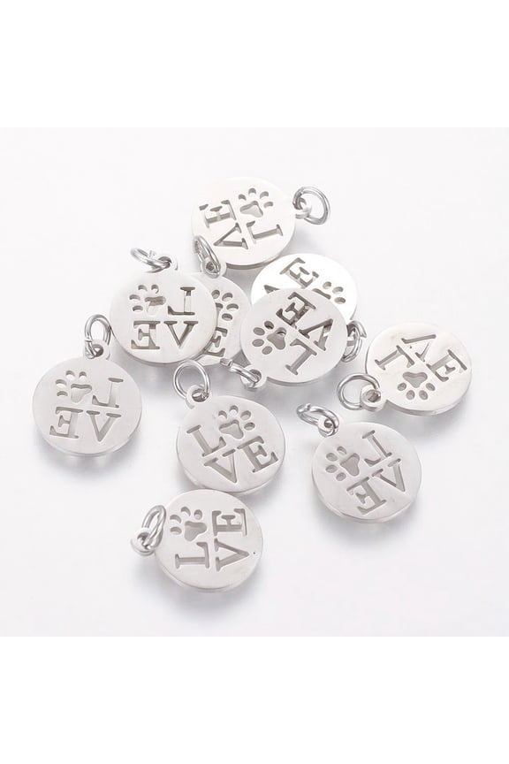 10Pcs 304 Stainless Steel Laser Cut Flat Round Word Love Charms 14x12x1mm Tiny Metal Love Word Flat Round with Paw Prints Pendants with 3mm Hole Stainless Steel Color for Making Jewelry DIY Silver