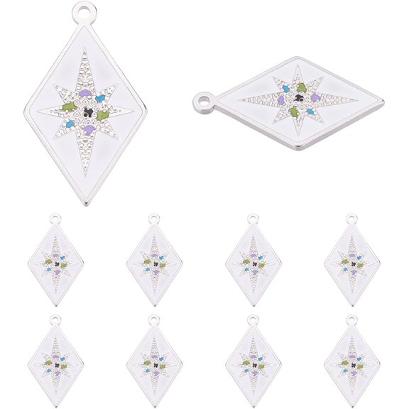10Pcs 304 Stainless Steel Pendants with Enamel Stainless Steel Color Rhombus with 8 Pointed Star White 25x14.5x1mm Hole: 1.2mm