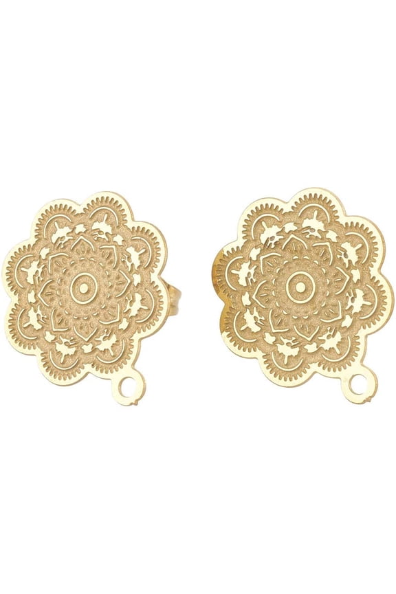 10Pcs 304 Stainless Steel Stud Earring Findings with Horizontal Loops Flower Golden 17.5x15mm Hole: 1mm Pin: 0.7mm