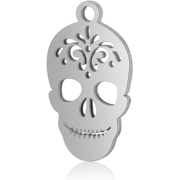 10Pcs 304 Stainless Steel Sugar Skull Charms Pendants 18x10.5x0.8mm Metal Flat Skull Head Charms Hollow Eyes Skeleton Head Charms with 1mm Hole Stainless Steel Color for Crafting and Accessories