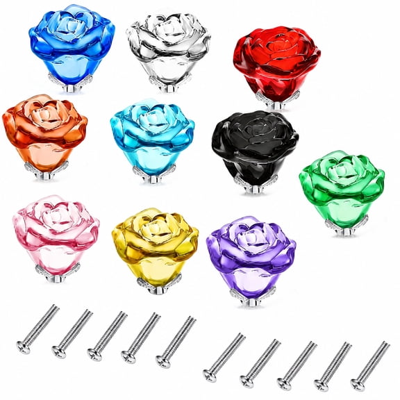 10Pcs 30mm Crystal Glass Rose Cabinet Knobs with Screws, Decorative Drawer Pull Handles for Dresser, Cabinet, Closet, Shoe Cabinet, Furniture Doors and Home Hardware