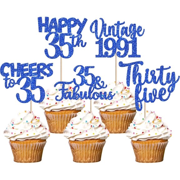 10Pcs 35th Birthday Cupcake Toppers, blue glitter happy 35th vintage 1991 cheers to 35 thirty five 35 & fabulous cupcake picks for 35th birthday party decorations