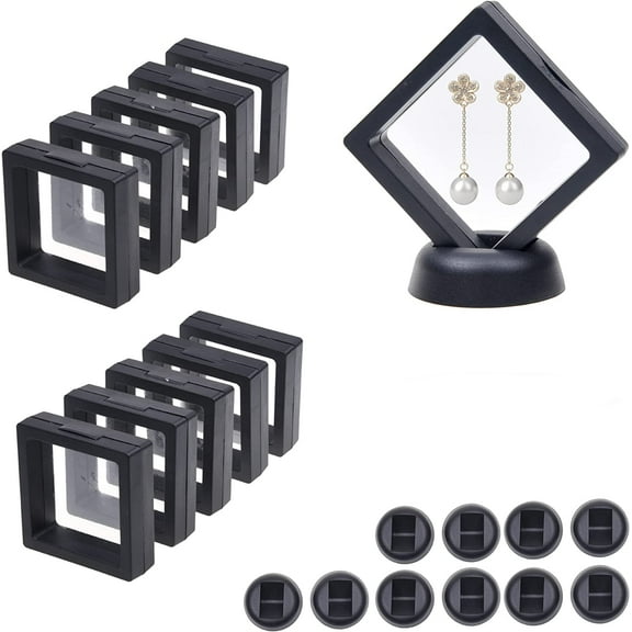 10Pcs 3D Floating Thin Film Jewelry Storage Box, Scheam Black Transparent Frame Display Case Holder for Ring Necklace Bracelet Earring, Dustproof Challenge Coin Medallion Display Case Stand