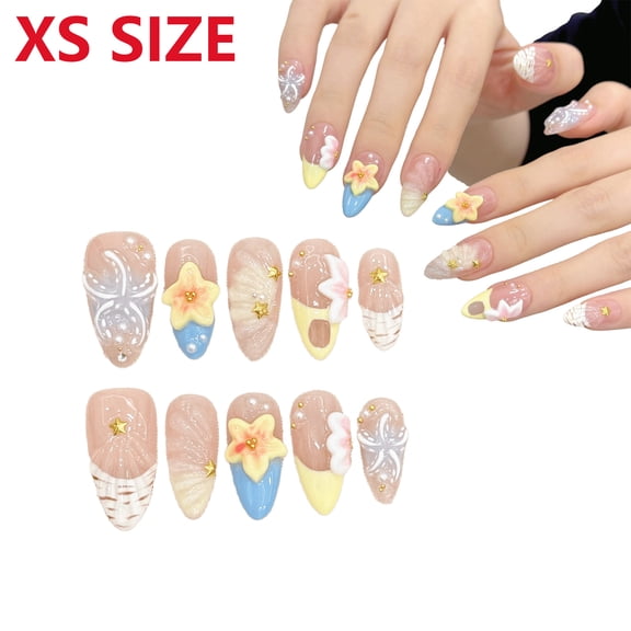 10Pcs 3D Starfish Shell Press On Nails, Summer Beach Ocean Themed Plastic False Nail Tips, Cute Flower Reusable Full Cover Fake Nails, Durable Nail Art Accessories for Women Daily Manicure,XS