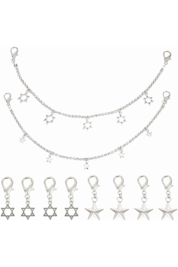 10Pcs 4 Styles Shoe Charms Star Chains Decoration Alloy Pendants Hanging Ornament Silver Shoelace with Lobster Clasp Accessories for Keychain Women Men Sneaker Boots Shoes Decor Silver DIY