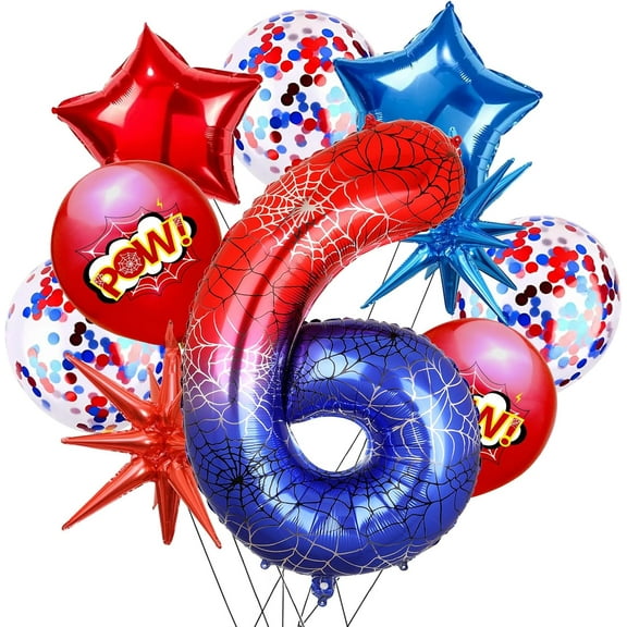 10Pcs 40 Inch Spider Theme Number 6 Foil Balloons Birthday Decoration Cartoon Hero Red and Blue Spider Web Design for Kids Large Mylar 6th Number Balloon Cartoon Party Birthday Supplies