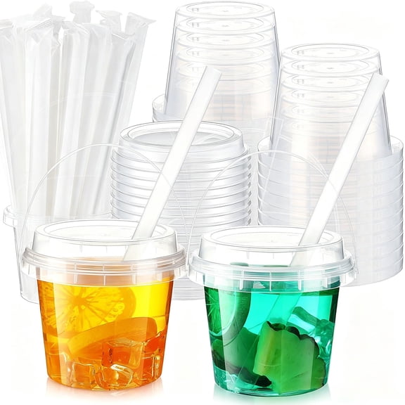 10Pcs 48 Oz Bucket with Lid and Straw, Clear Plastic Coffee Bucket Cups with Handle, Leakproof for Iced Coffee, Bubble Tea, Fruit Juice, Party (25, oz.)