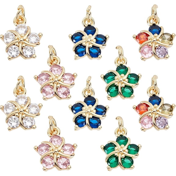 10Pcs 5 Colors 18K Gold Plated Flower Charms Cubic Zirconia Flower Charm with Jump Ring Floral Pendant Accessories