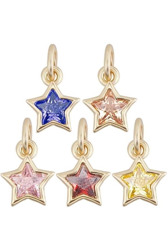 10Pcs 5 Colors 18K Gold Plated Star Charms Pendants Cubic Zirconia Dangle Charms Mini Charms Brass for Jewelry Making Findings DIY Craft Supplies Necklace Earrings Bracelet 9x7.5mm