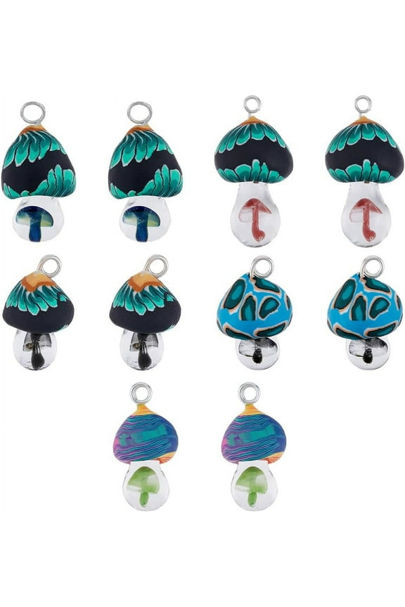 10Pcs 5 Colors Alovely Mushroom Pendant Charms Polymer Clay Jewelry Finding Charm Lampwork Glass Charms with Mushroom Inside for Keychains DIY Crafts Making