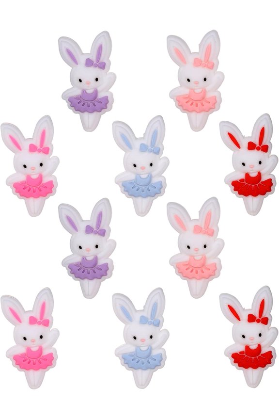 10Pcs 5 Colors Cartoon Rabbit Silicone Focal Beads Mixed Color 30x16x9mm Hole: 2mm
