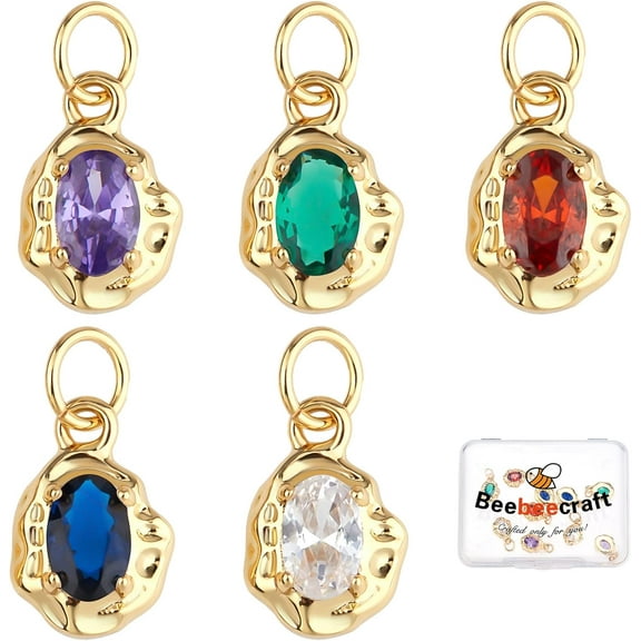 10Pcs 5 Colors Cubic Zirconia Charms Mixed Color 18K Gold Plated Oval Plated Charm Pendants