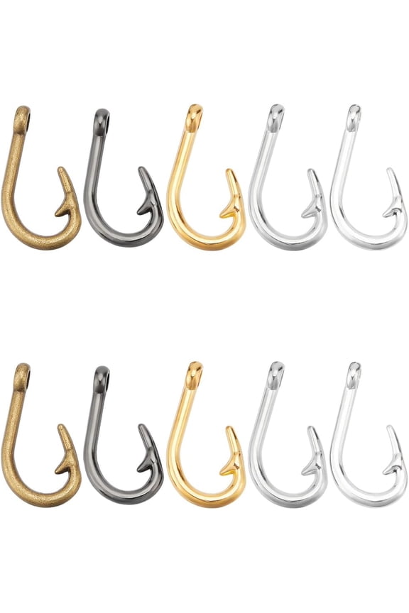 10Pcs 5 Colors Fish Hook Charm Alloy Fishhooks Charms Pendants Tibetan Hook Pendants Metal Dangle Charms Fish Bracelets Jewelry Making Findings Accessories
