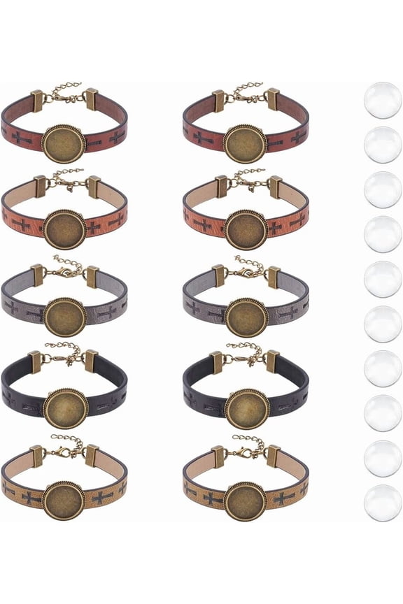 10Pcs 5 Colors Leather Bracelet Making Kit 18mm Tray Bronze Adjustable Bracelet Hollow PU Leather Bracelet with Flat Round Metal Tray Settings and Glass Cabochons for DIY