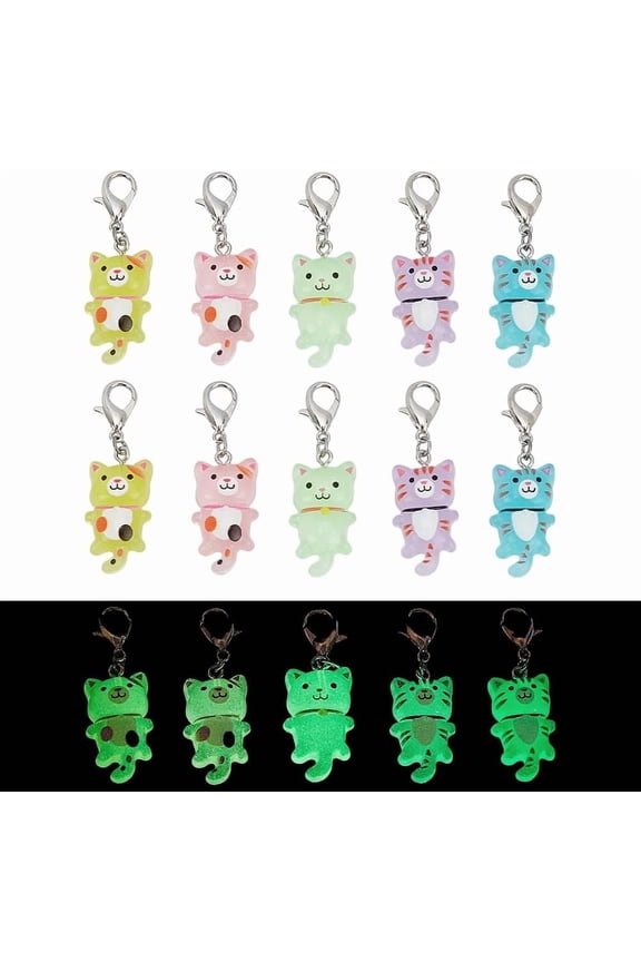 10Pcs 5 Colors Luminous Cat Pendant Decorations Clip on Charms Glow in Dark Cute Cat Pendant Mini Kitty Amulet with Clasp for DIY Bracelets Necklaces Earrings Making Phone Keychain Bags Decor diy