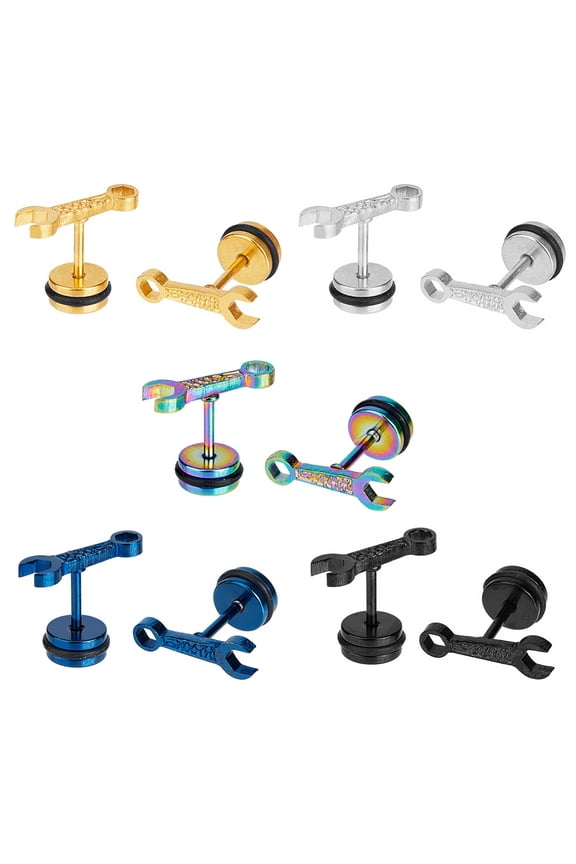 10Pcs 5 Colors Titanium Steel Spanner Tool Stud Earrings for Men Mixed Color 11x13.5mm 2Pcs/color