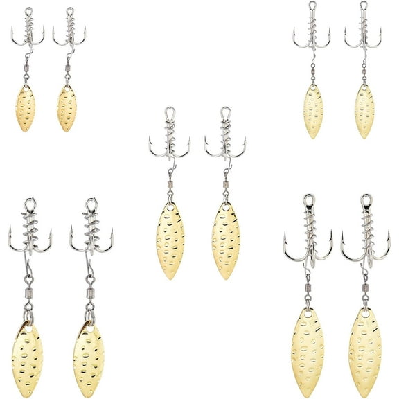 10Pcs 5 Sizes Fishing Three Hooks Treble Fishing Hook with Lure Treble Hooks with Willow Blade Replacement Bladed Spinner Hooks