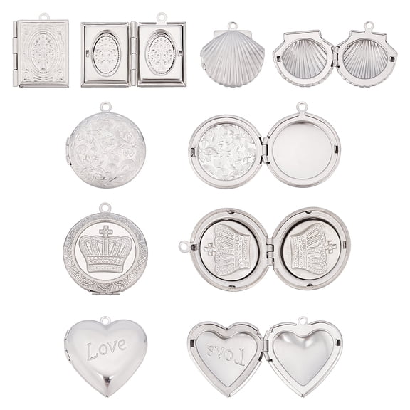 10Pcs 5 Style 304 Stainless Steel Diffuser Locket Pendants Photo Frame Pendants for Necklaces Mixed Shapes Stainless Steel Color diy
