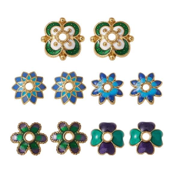 10Pcs 5 Style Alloy Enamel Bead Caps Flower Mixed Color 7~9.5x7~9.5x2~3.5mm Hole: 1~1.5mm 2pcs/style