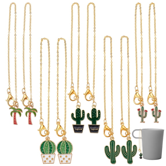 10Pcs 5 Style Alloy Enamel Wine Glass Charms with Zinc Alloy Lobster Claw Clasps and Brass Cable Chains Cactus/Coconut Tree Golden 21.5~22.3cm DIY