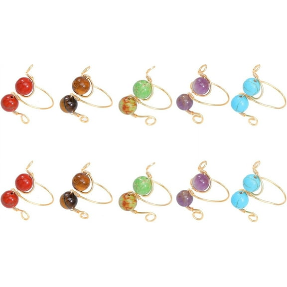 10Pcs 5 Style Natural & Synthetic Mixed Gemstone Rotating Beaded Open Cuff Rings Set Copper Wire Wrap Jewelry for Women Golden US Size 8 1/2(18.5mm) 2Pcs/style