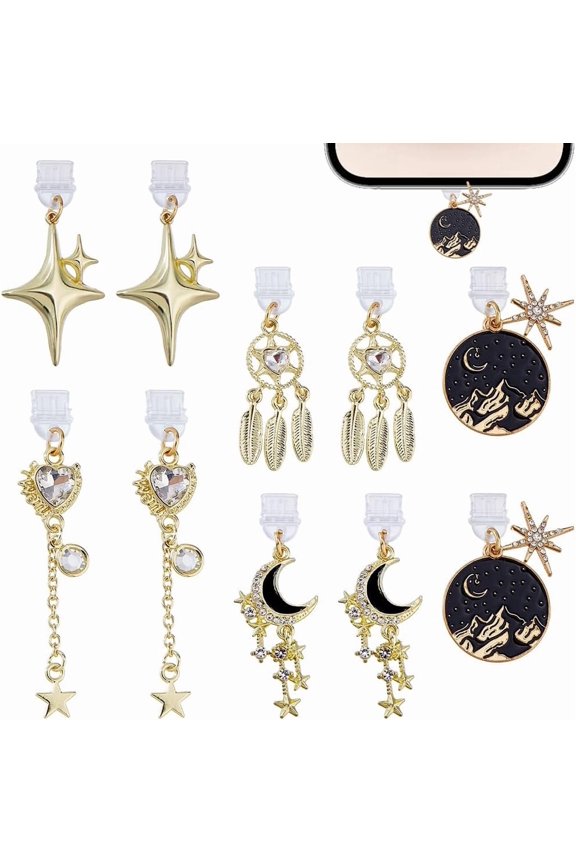 10Pcs 5 Style Plastic Mobile Dustproof Plugs with Alloy Pendants Mixed Shapes Golden 40~68mm Craft Supplies