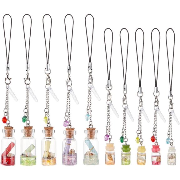 10Pcs 5 Style Resin Mobile Straps with Plastic Mobile Dustproof Plugs Wish Bottle Mixed Color 13~14.5cm 5pcs/style