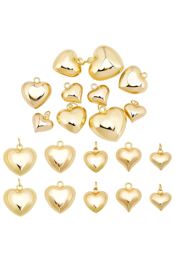 10Pcs 5 Styles 18K Gold Plated Heart Pendant Charms 3D Puffy Heart Love Charm Dangle with Jump Ring