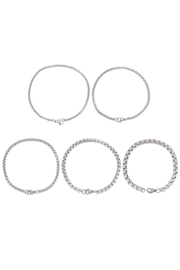 10Pcs 5 Styles 304 Stainless Steel Box Chain Bracelets with Lobster Claw Clasps Stainless Steel Color 2pcs/style