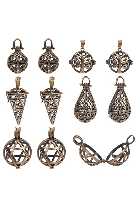 10Pcs 5 Styles Brass Hollow Cage Pendants For Chime Ball Pendant Necklaces Making Round & Teardrop & Cone Bronze 24.5~47x22~26x20~24mm Hole: 4~7x4~8mm