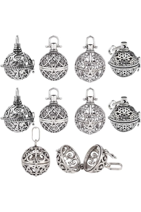 10Pcs 5 Styles Cage Charms Brass Locket Charms Stone Holder Necklace Silver Hollow Spiral Bead Cages Round Chime Ball Charms for Jewelry Making Charms Women Adults DIY Necklaces Crafts
