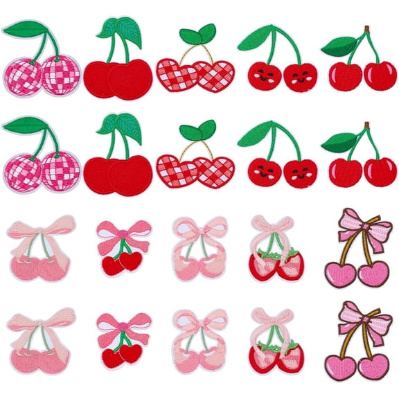 10Pcs 5 Styles Computerized Embroidery Polyester Self Adhesive Patches Stick On Patch Costume Accessories Appliques Cherry Mixed Color for DIY