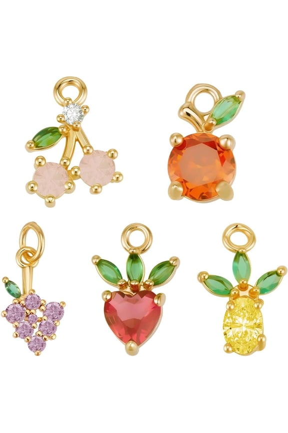 10Pcs 5 Styles Cubic Zirconia Fruit Charms 18K Gold Plated Pineapple Strawberry Cherry Grape Charms with Loop for Jewelry Making Summer Theme Necklace Bracelets DIY Crafts Mixed Color