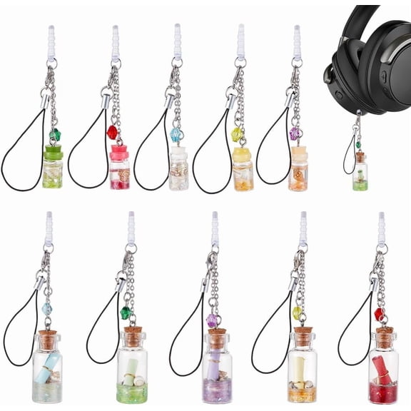 10Pcs 5 Styles Earphone Dust Plug Charm Wish Bottle Cell Phone Charm Dust Plug Keychain Earphone Plug Cap Phone Anti-Dust Plugs with Lobster Clasps