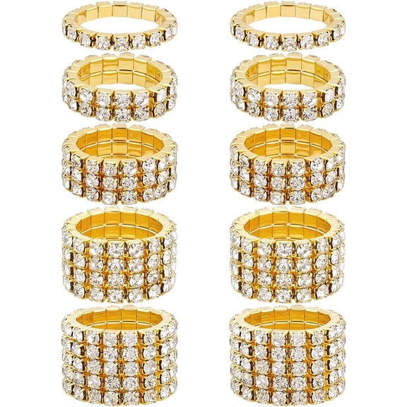 10Pcs 5 Styles Rhinestone Rings Alloy Adjustable Rhinestone Finger Rings Silver Elastic Ring Fashion Stackable Stretch Ring Accessories Jewelry Gift for Women Gold