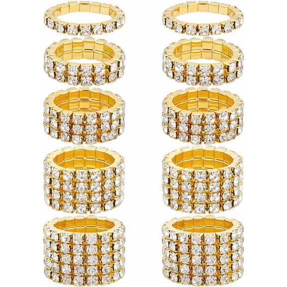 10Pcs 5 Styles Rhinestone Rings Alloy Adjustable Rhinestone Finger Rings Silver Elastic Ring Fashion Stackable Stretch Ring Accessories Jewelry Gift for Women Gold