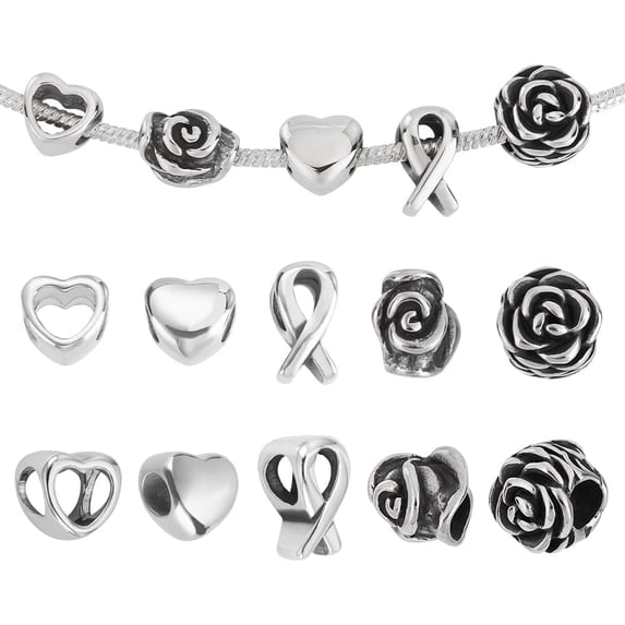 10Pcs 5 Styles Silver European Large Hole Beads 304 Stainless Steel Spacer Loose Beads Slide Charms for DIY Bracelet Crafts Jewelry Making Supplies Hole: 5-6mm diy